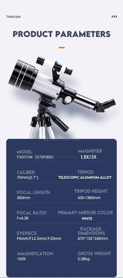 150X Astronomical Telescope – 70mm Refractor Portable Travel Scope with Phone Adapter & Wireless Remote