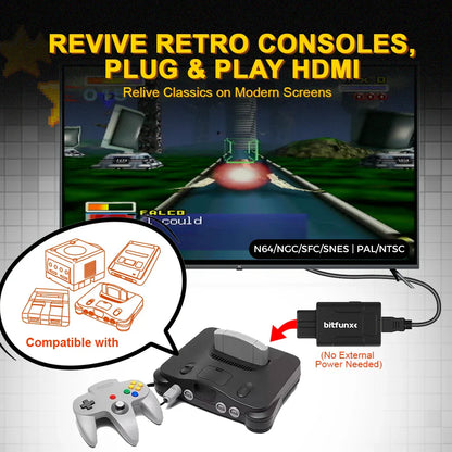 Bitfunx Mini HDMI Adapter 720P/1080P – Auto 4:3/16:9 S-Video & Composite Converter for N64, SNES, SFC, NGC Game Consoles