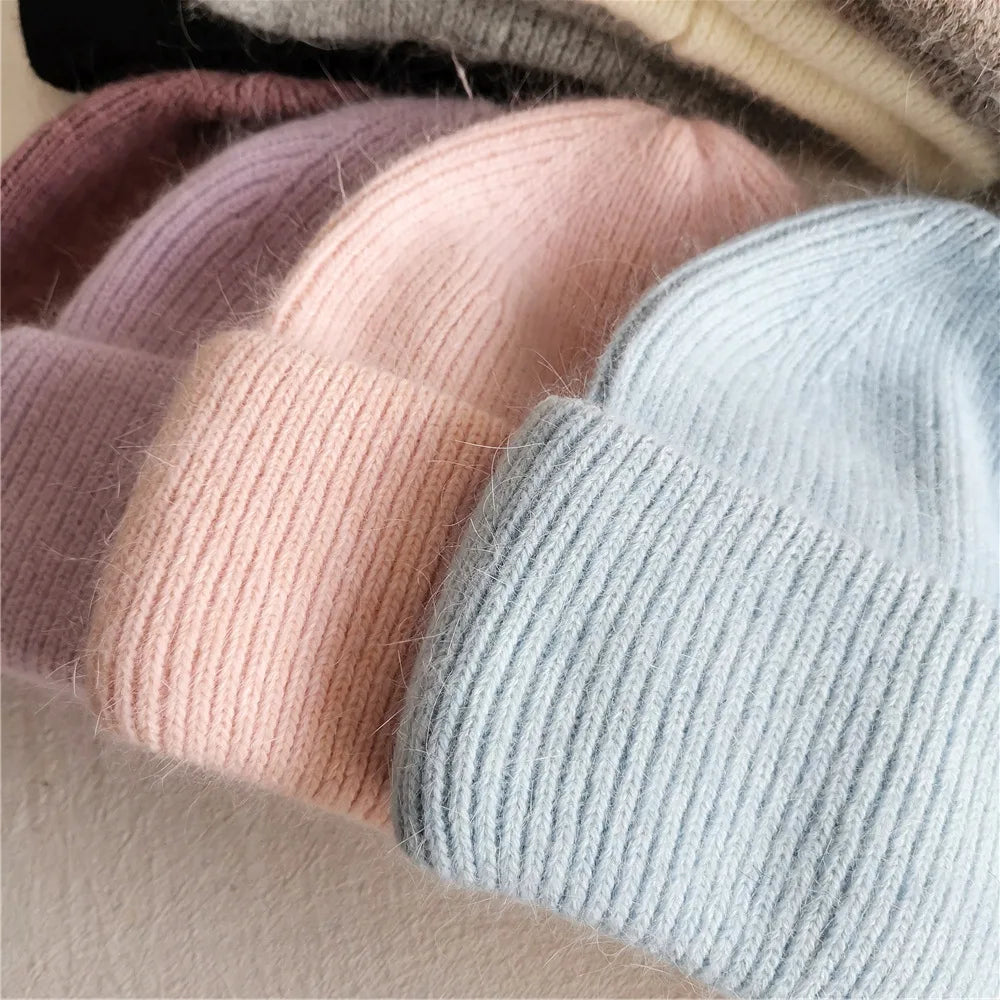 Women's Winter Hat - Fashion Warm Beanie Made of Real Rabbit Fur, Solid Adult Cap for Cold Weather