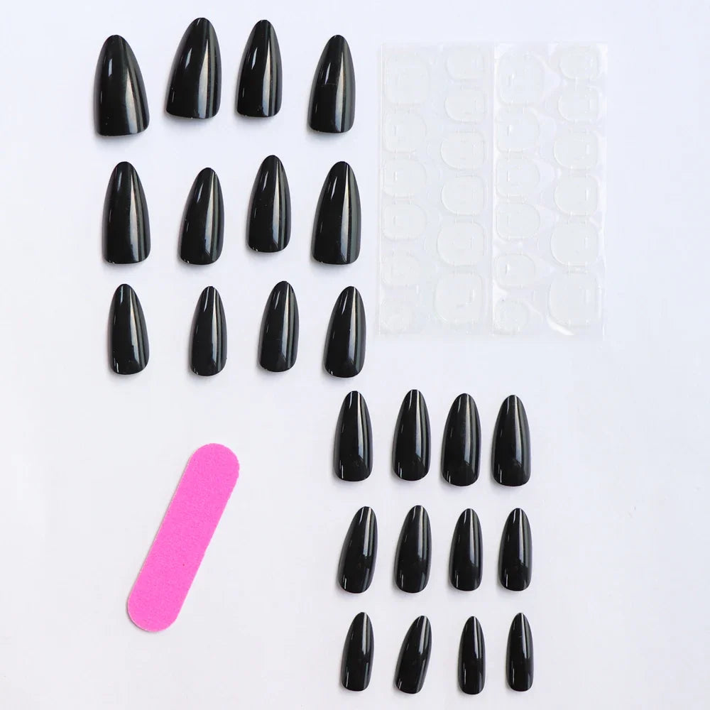 24-Piece Black Square Press-On Nails - Long Ballet Almond False Nail Tips for Women & Nail Art