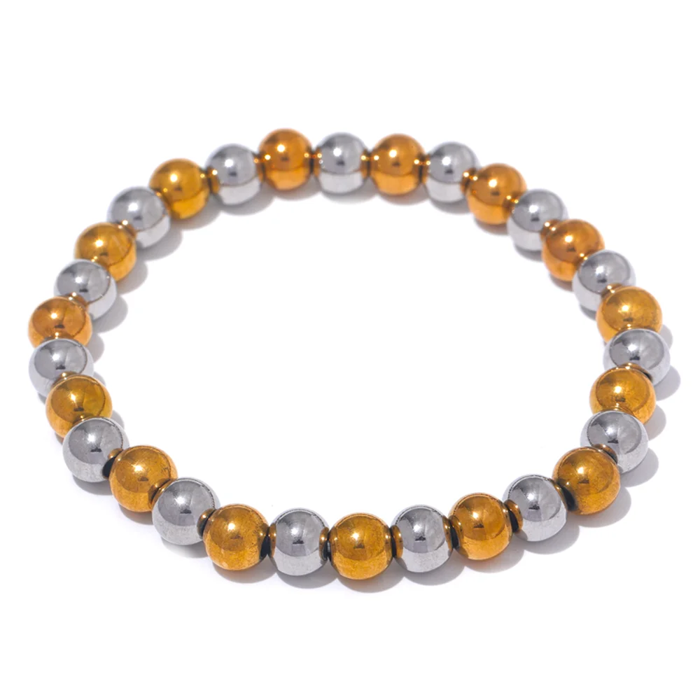 Yhpup Stainless Steel Beaded Elastic Bracelet – Waterproof Gold Tone Handmade Bangle, 3–6mm Unisex Daily Jewelry Wholesale Wristwear