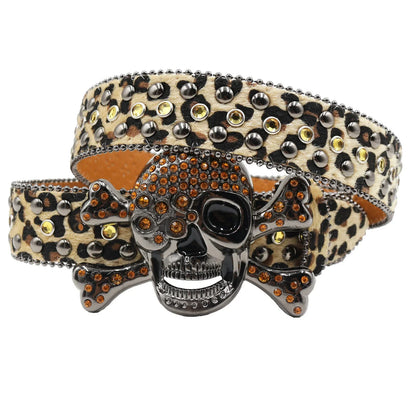 Women’s Rhinestone Skull Leather Belt – Luxury Designer Studded Strap for Jeans, White & Black