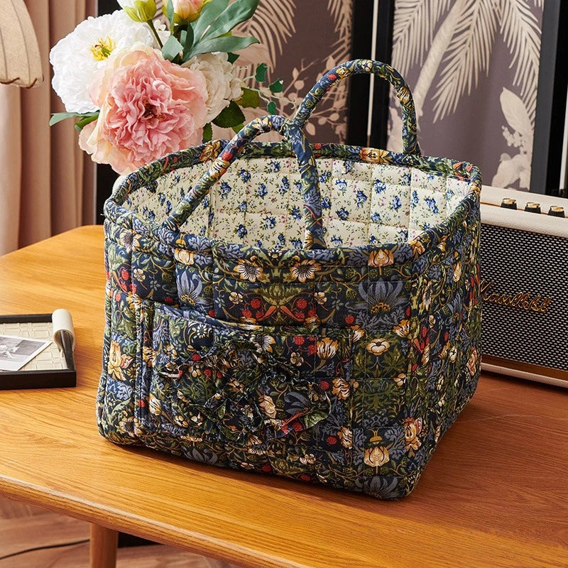 Floral Fabric Storage Bins with Handles – Foldable Desktop Organizer Basket for Clothes, Underwear & Home Decor Multi-Compartment Storage