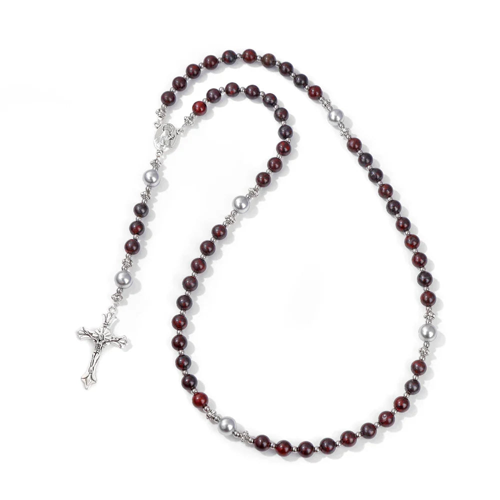 6mm Tiger Eye Rosary Beads Necklace – Catholic Jesus & Virgin Mary Pendant Long Knotted Chain Religious Jewelry for Men & Women