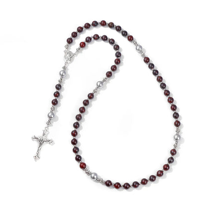 6mm Tiger Eye Rosary Beads Necklace – Catholic Jesus & Virgin Mary Pendant Long Knotted Chain Religious Jewelry for Men & Women
