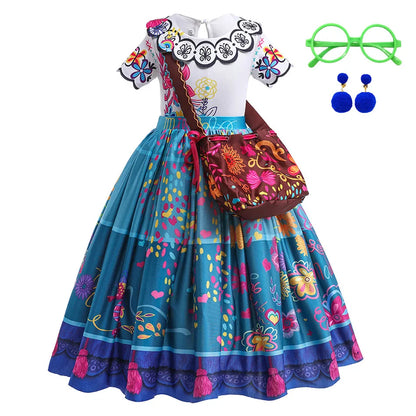 Girls Encanto Princess Costume Dress - Mirabel Printed Flared Halloween Cosplay Outfit for Kids 3-12Y