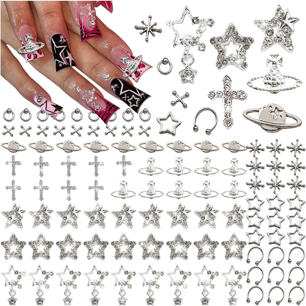 110PC Silver Star Nail Charms – Planet & Cross Alloy Nail Art Decorations