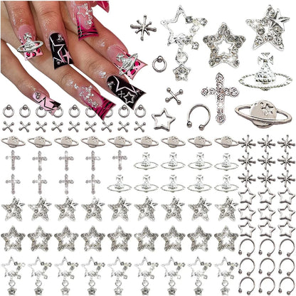 110PC Silver Star Nail Charms – Planet & Cross Alloy Nail Art Decorations