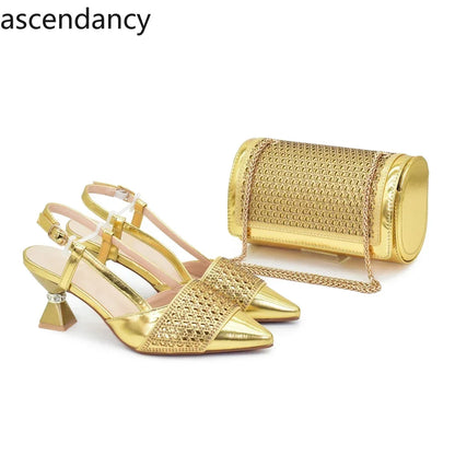 Women's Rhinestone Heeled Shoe & Bag Set - Elegant Nigerian Italian Party Pumps with Matching Bags