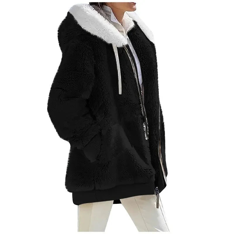 Autumn Winter Women's Hooded Coat – Casual Zipper Cashmere Fleece Jacket Solid Color Ladies Outerwear