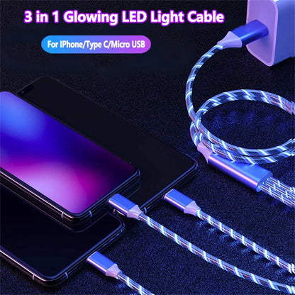 NNBILI 3-in-1 Glowing LED Fast Charging Cable – Luminous USB Type-C Charger for iPhone, Xiaomi & Phones