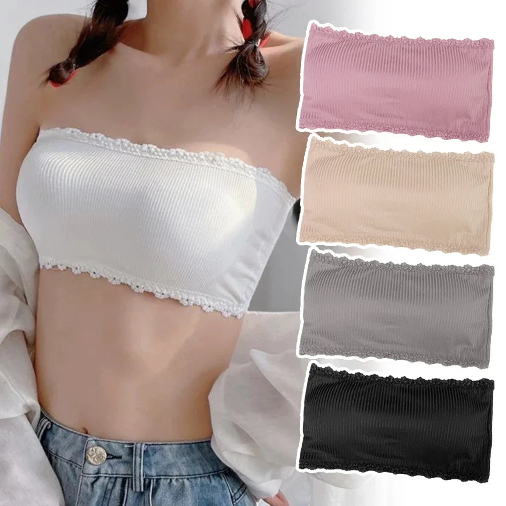 Women Summer Strapless Lace Bra, Seamless Breathable Invisible Chest Wrap Bralette, Sexy Back Lace Underwear Brassiere Top