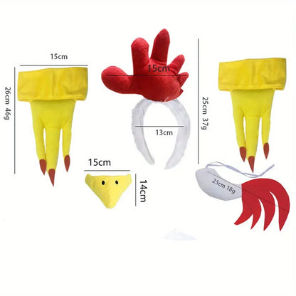 Rooster Chicken Costume Accessories - Comb Headband, Tail, Beak Mask & Chicken Feet Shoes Set