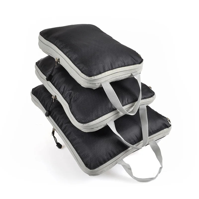 3-Piece Compressible Waterproof Nylon Packing Cubes Set – Portable Travel Storage Bags with Handbag Luggage Organizer
