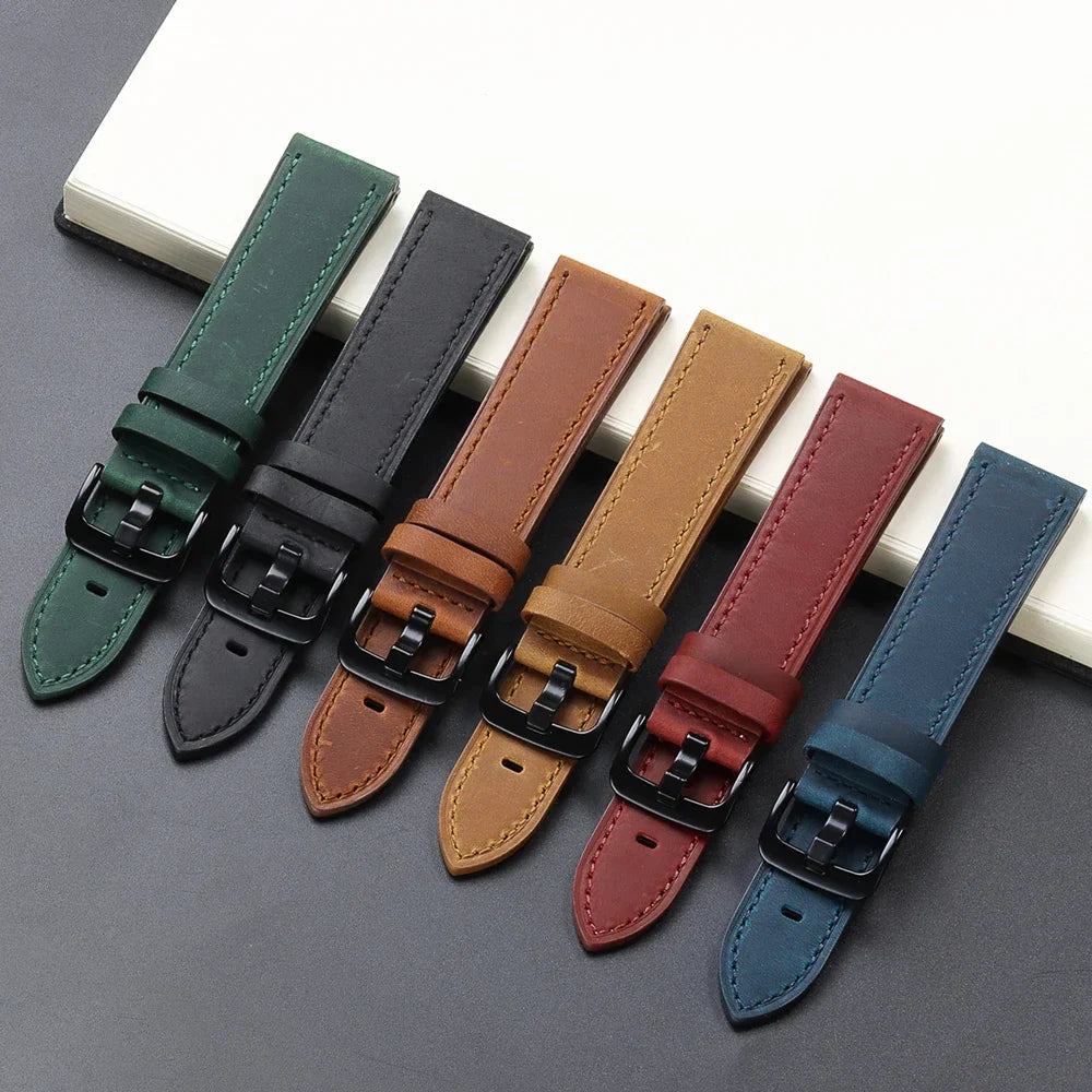 Calfskin Genuine Leather Watch Band – Black, Blue & Dark Brown Straps for Smartwatches, 18mm-24mm Accessories