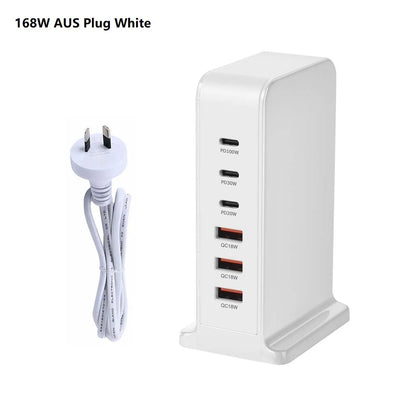 200W GaN Desktop Quick Charger - 168W PD, 6-Port USB Type C with USA, EU, AUS, UK Plug Adapters for Mobile Phones and Laptops