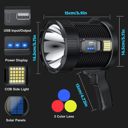 Rechargeable 900,000 Lumens LED Spotlight – Super Bright Handheld Outdoor Flashlight & Solar Searchlight
