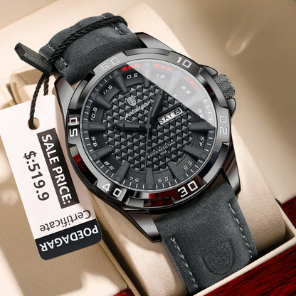 POEDAGAR Men’s Luxury Wristwatch – Waterproof Quartz Sport Watch with Luminous Hands, Date & Week Display, Leather Strap