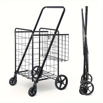 Foldable Shopping Cart with Wheels — Durable Black Utility Basket Trolley for Market & Home Use