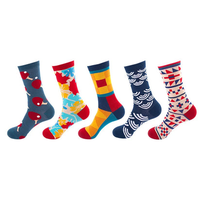 5-Pair Men’s Cotton Sports Socks Pack - Hip Hop Harajuku Pastel Print Long Tube Running Casual Socks