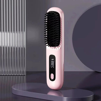 Electric LCD USB Ceramic Hair Straightening Comb – Wireless Portable Negative Ion Rechargeable Styling Brush