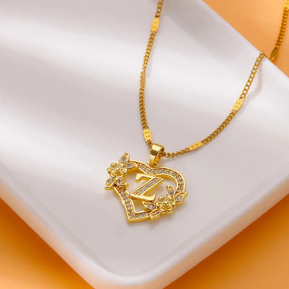 Gold Zircon Heart Initial Necklace – Stainless Steel Letter Pendant Jewelry for Women