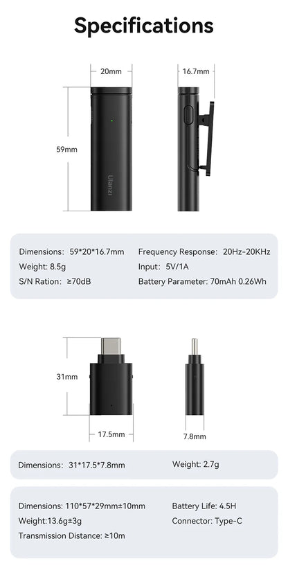 Ulanzi WM-10 Wireless Lavalier Microphone – 1-to-1 USB-C Mic for Android & iPhone, Windproof Sponge for Live Streaming & Recording