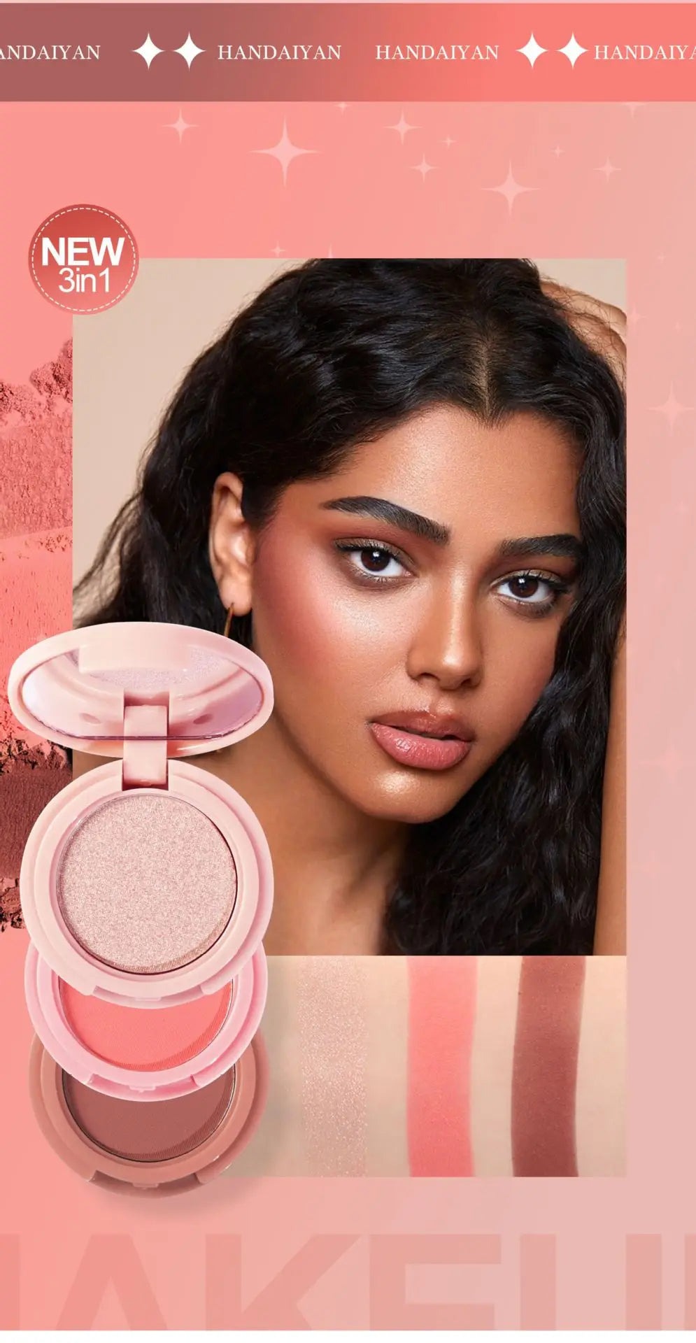 Handaiyan 3-in-1 Eyeshadow, Highlighter & Blusher Palette – Moonlight Stone Glitter Powder for Face & Nose