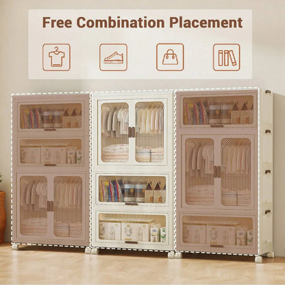Plastic Wardrobe Closet — 27.6" Wide Stackable Multi-Layer Storage Bins with Lids & Wheels, Collapsible Drawer Organizer