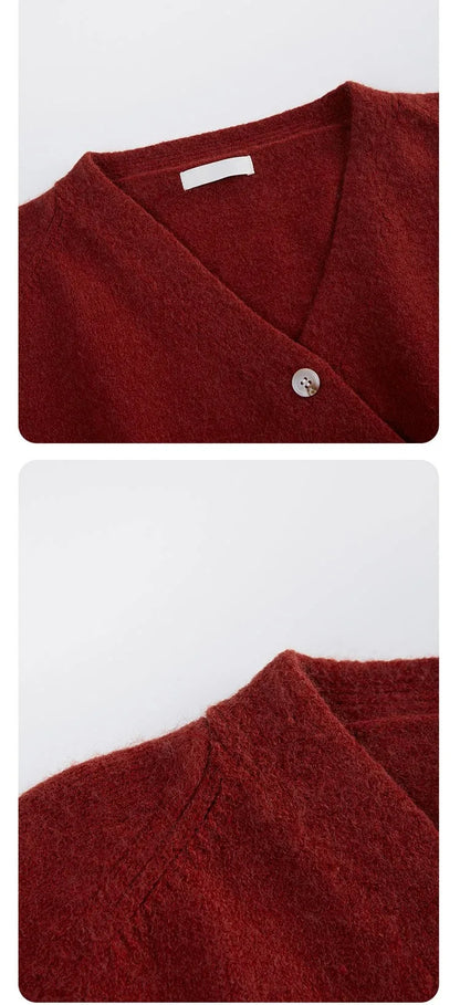Korean Women's Autumn Winter Knitted Cardigan – Diagonal V-Neck Long Sleeve Single-Breasted Sweater