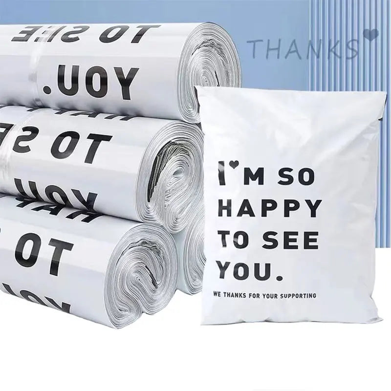 INPLUSTOP 50PCS White Thick Express Bags – Waterproof Clothing Packaging with "THANKS" Print, Courier Envelope Pouches