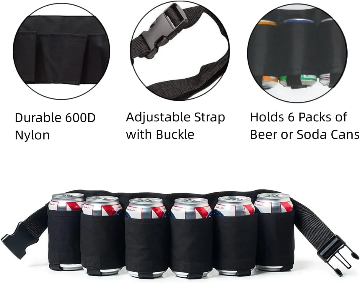 Adjustable Beer Belt Holster - Holds 6 Cans - Perfect Party Accessory for Beer and Soda Bottle Holder Belts - Waist Pack Bag for Ultimate Convenience