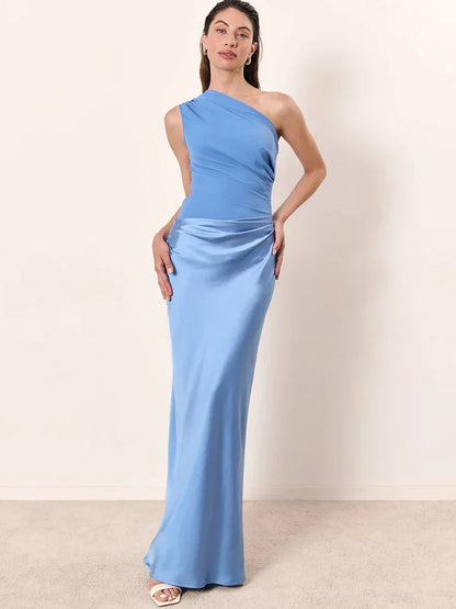 JULISSA MO Women’s Patchwork Satin Maxi Dress – Sexy One-Shoulder Brown Sleeveless Evening Party & Clubwear Dress
