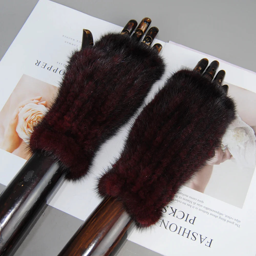 Women’s Winter Mink Fur Gloves – 100% Natural Fingerless Knitted Mittens for Warmth