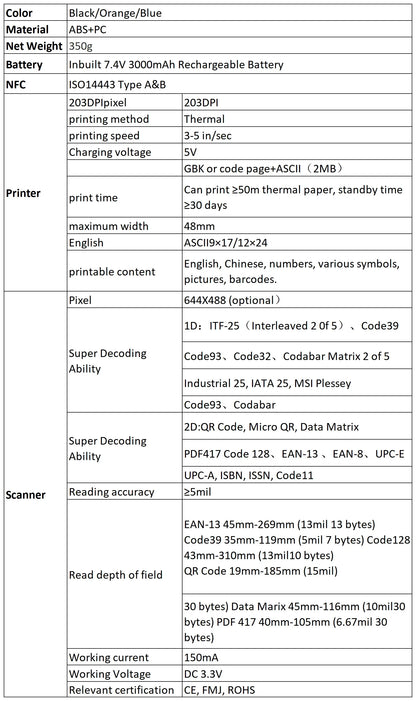 58mm Thermal Printer & 2D Bluetooth Scanner - 2-in-1 Mobile Back Clip with 7.4V 3000mAh Battery