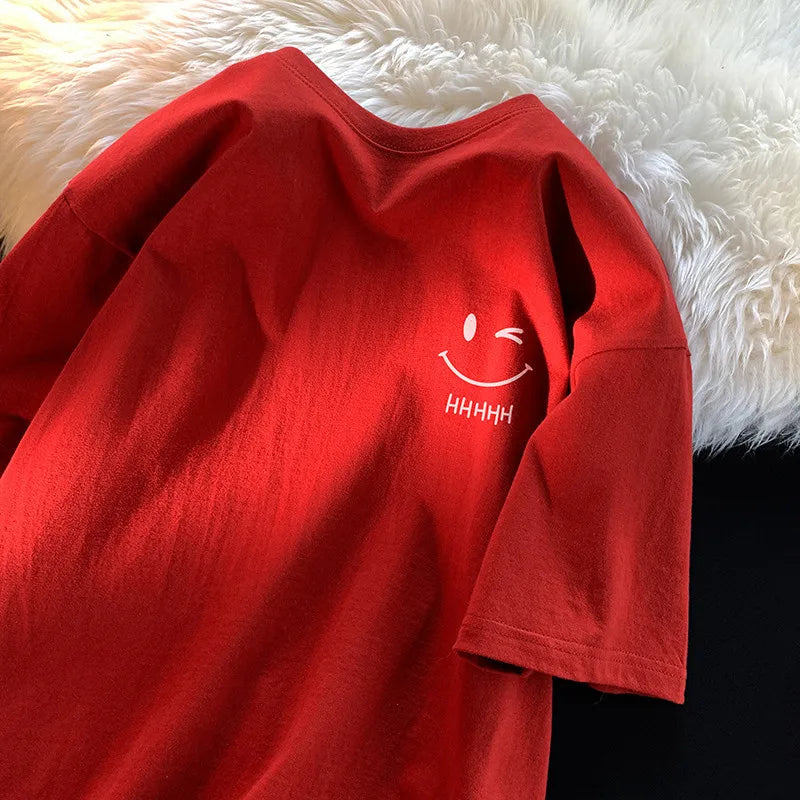 Men's & Women's Smiling Face T-Shirt — Funny Fashion Oversized Short-Sleeve Couple Top, American Basic Loose Pullover