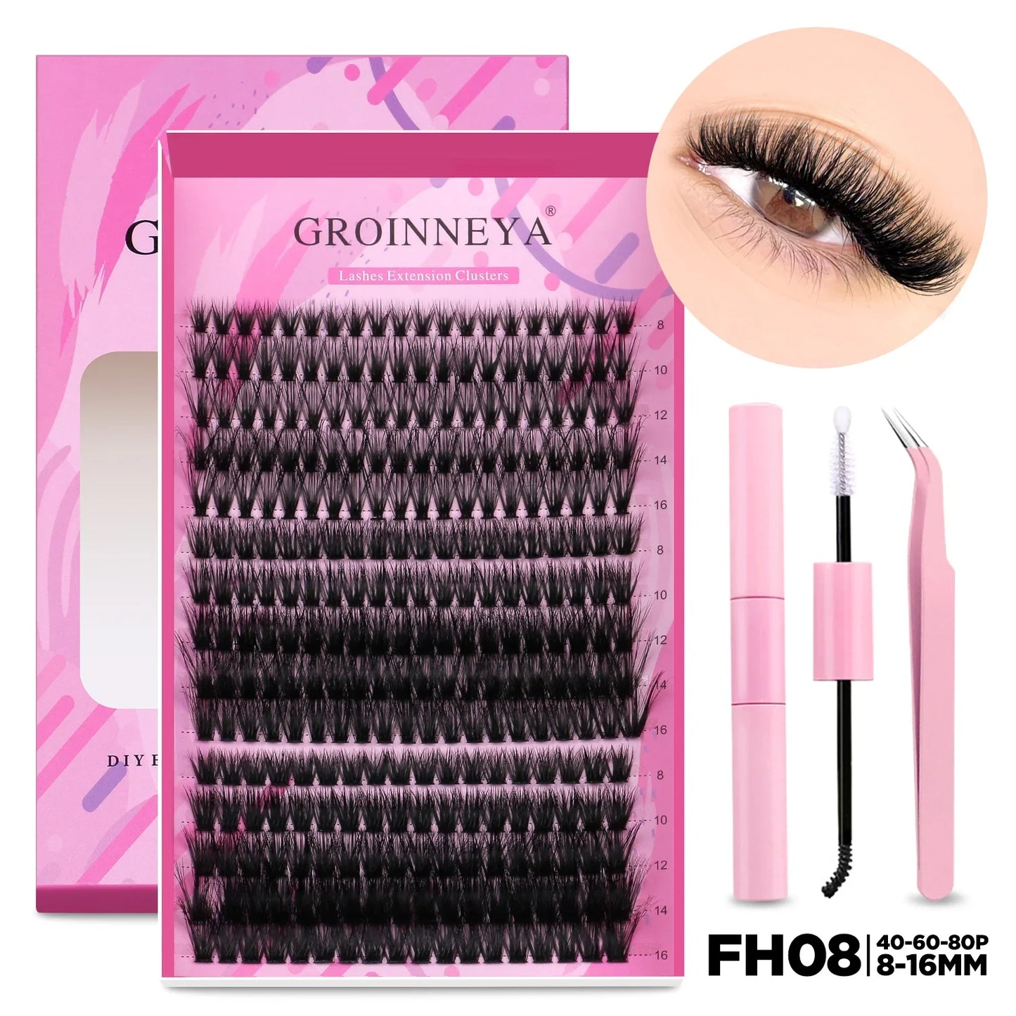 GROINNEYA DIY Lash Extension Kit – Cluster & Individual Lashes Set with Lash Bond & Seal for At-Home Eyelash Extension Makeup