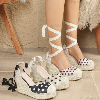 Women's Dot Espadrille Wedge Sandals - Braided Hemp Platform Shoes with Ribbon Ankle Wrap