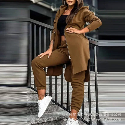 Autumn Winter Women's Hooded Jacket & Trousers Set – Casual Two-Piece Everyday Outfit