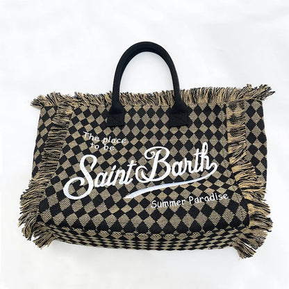 Saint Barth Large Capacity Women's Beach Handbag – European & American Style, Deep Blue Striped Tassel Tote