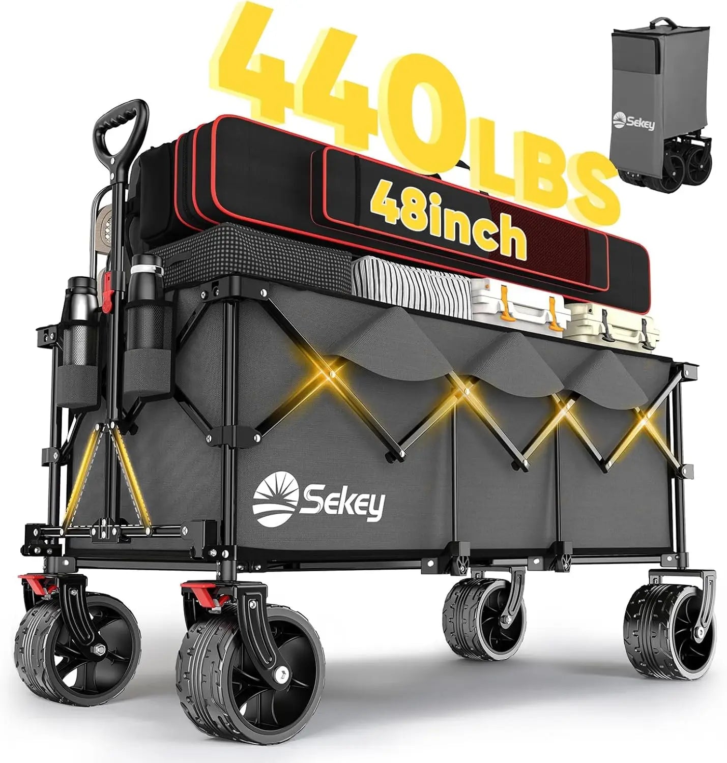 Sekey 48" Collapsible Folding Wagon — Heavy Duty 300L Utility Garden Cart with 440lbs Capacity
