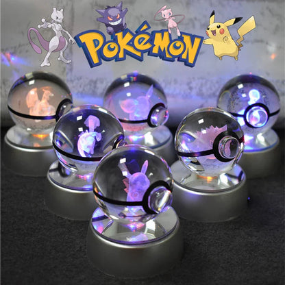 Pokemon 3D Crystal Ball Figurine — Pikachu, Gengar, Mew, Mewtwo Glass Statue with Lamp Base, Kids Birthday Gift