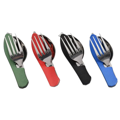 Portable Stainless Steel Camping Cutlery Set – Foldable Spoon, Fork, Knife & Bottle Opener Multitool