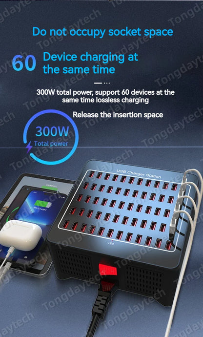 300W Universal Multi USB Charger Station – 60-Port Fast Charging for iPad, iPhone 11/12/13 Pro Max, Samsung Tablet