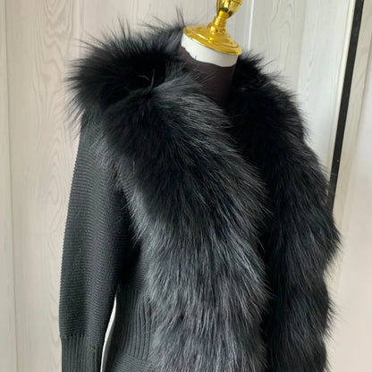 Women’s Spring & Autumn Sweater Cardigan – Real Fox Fur Collar Jacket, Natural Fur Outerwear