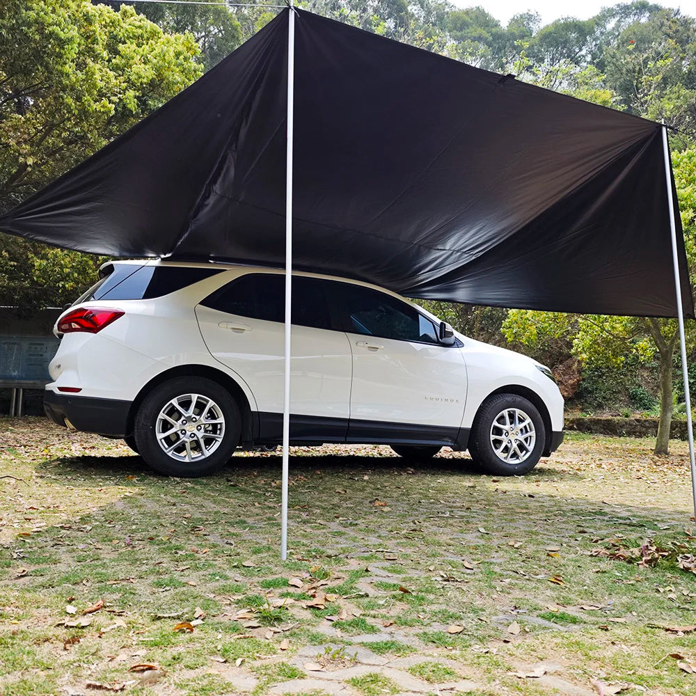 Manta Ray Car Side Awning – Black Coating Waterproof Tarp with Suction Cup Anchor for SUV Camping & Shade