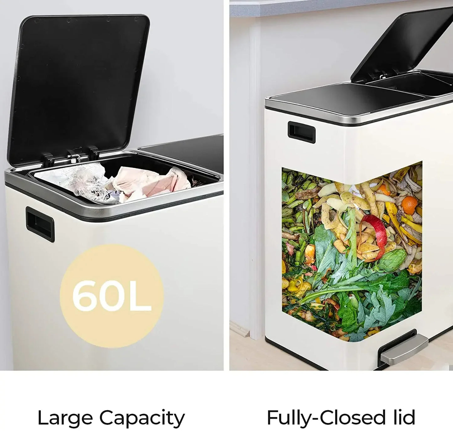 60L Dual Compartment Kitchen Step Trash Can – Hands-Free, Soft-Close Lid, Brushed Stainless Steel