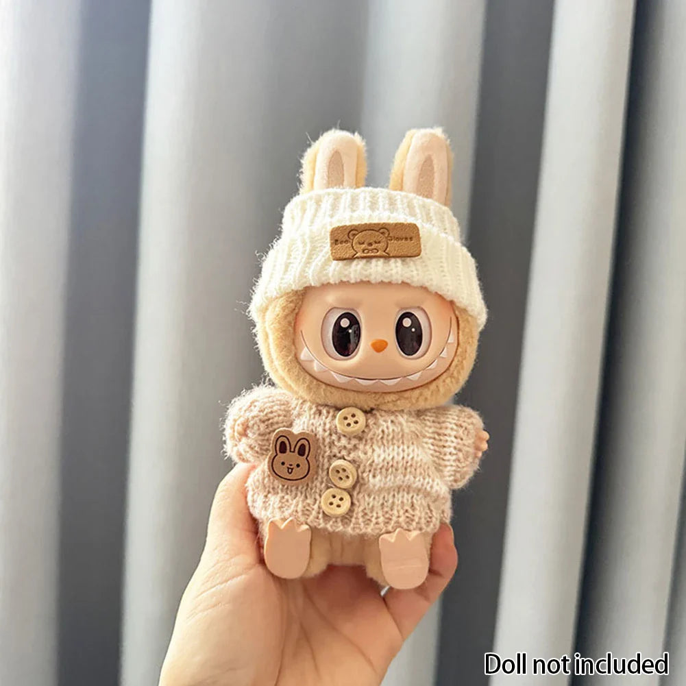 15-17cm V1 V2 Labubu Clothes Outfit — Cute Sweater & Hat Sitting Doll Accessories (No Dolls)