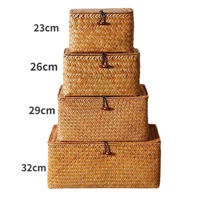 Handmade Seagrass Woven Storage Box with Lid - Seaweed Finishing Basket for Sundries, Bath Cosmetics, and Towels, Model MX01161829