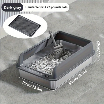KEMORELA Extra Large Stainless Steel Cat Litter Box with Lid – Enclosed, High-Sided, Leak-Proof Litter Pan with Cat Litter Mat